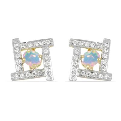 BUY 14K GOLD NATURAL ETHIOPIAN OPAL GEMSTONE CLASSIC EARRINGS WITH WHITE DIAMOND